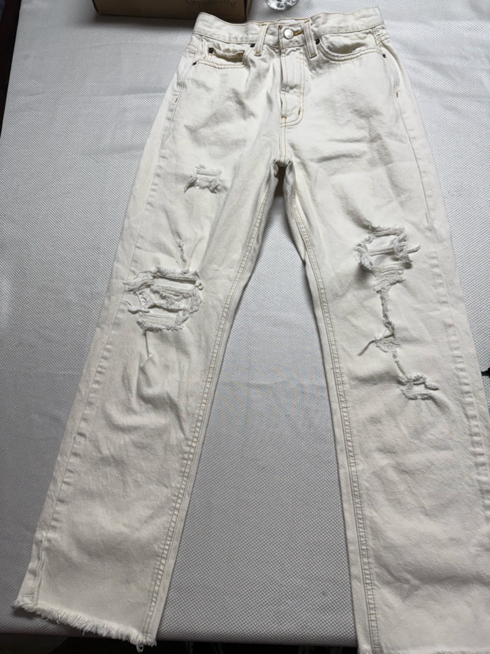 BDG Off-White Distressed Straight Jeans